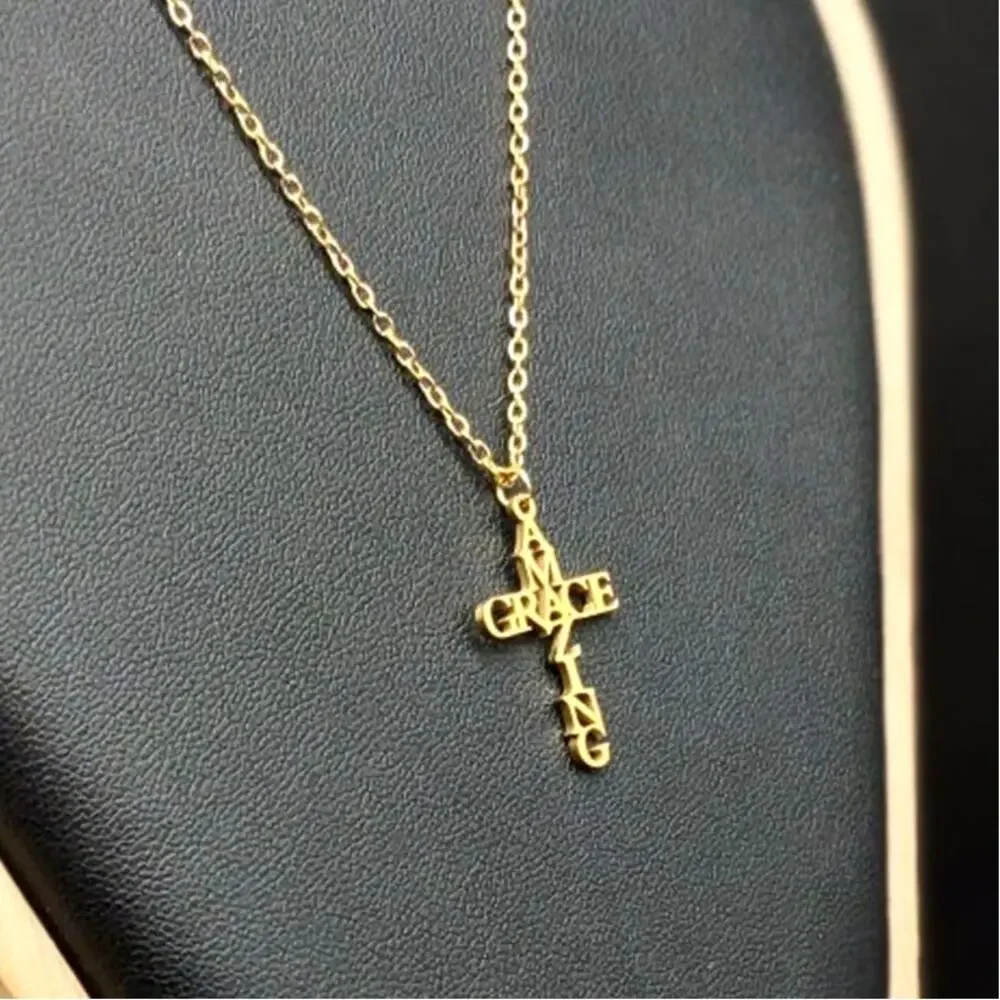 Gold Plated Necklace w/ Amazing Grace Cross Pendant Anniversary Valentine's Gift